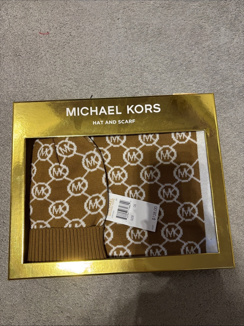 Michael Kors Brown and White MK Logo Hat & Scarf Set in Gold Box